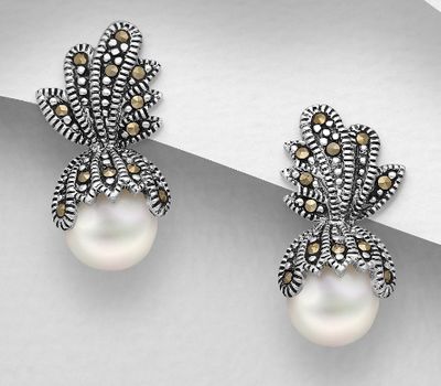 925 Sterling Silver Push-Back Earrings Decorated with Freshwater Pearls & Marcasite