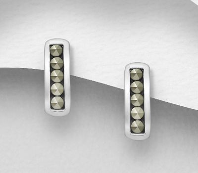925 Sterling Silver Bar Push-Back Earrings, Decorated with Marcasite