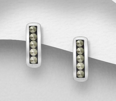 Şəkli böyütmək üçün tiklayın 925 Sterling Silver Bar Push-Back Earrings, Decorated with Marcasite