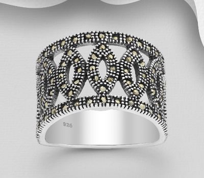 925 Sterling Silver Oxidized Band Ring, Decorated with Marcasites, 14 mm Wide.