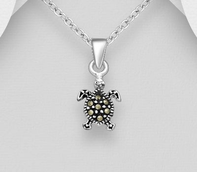 925 Sterling Silver Oxidized Turtle Pendant, Decorated with Marcasite