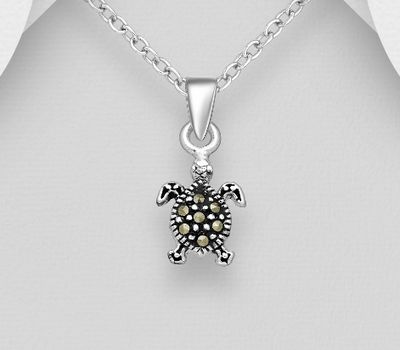 Şəkli böyütmək üçün tiklayın 925 Sterling Silver Oxidized Turtle Pendant, Decorated with Marcasite