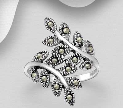 925 Sterling Silver Oxidized Leaf Ring, Decorated with Marcasite
