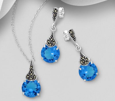 925 Sterling Silver Push-Back Earrings and Pendant Jewelry Set, Decorated with Marcasite and CZ Simulated Diamonds