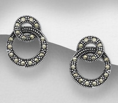 925 Sterling Silver Circle Push-Back Earrings Decorated With Marcasite
