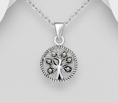 Şəkli böyütmək üçün tiklayın 925 Sterling Silver Tree Of Life Pendant, Decorated with Marcasite