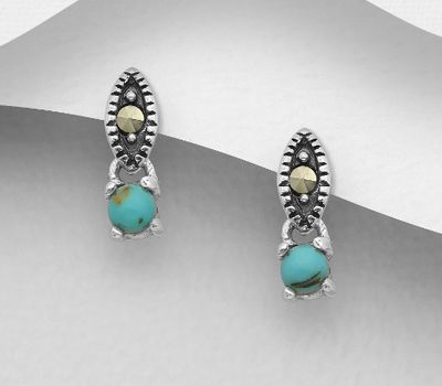 925 Sterling Silver Push-Back Earrings, Decorated with Gemstones and Marcasite