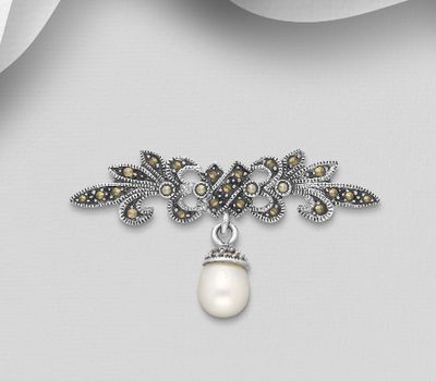 925 Sterling Silver Brooch Decorated With Fresh Water Pearl and Marcasite