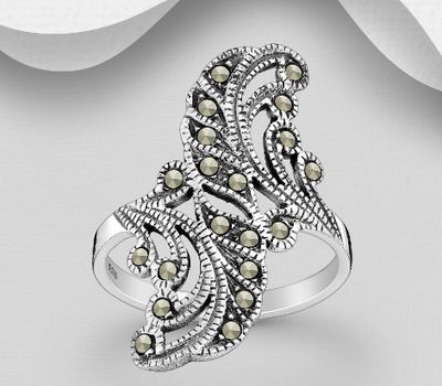 925 Sterling Silver Oxidized Leaf Ring, Decorated with Marcasite