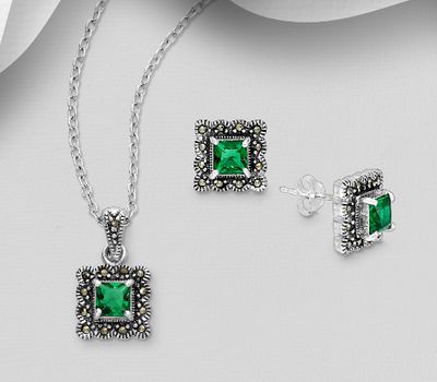 925 Sterling Silver Set of Push-Back Earrings And Pendant Decorated With CZ And Marcasite