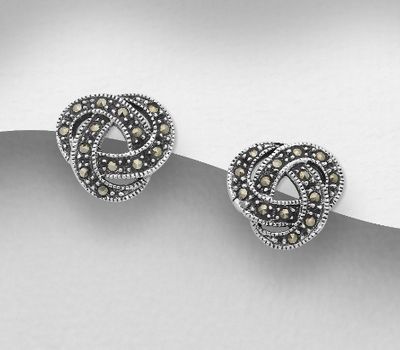 Şəkli böyütmək üçün tiklayın 925 Sterling Silver Celtic Push-Back Earrings Decorated With Marcasite
