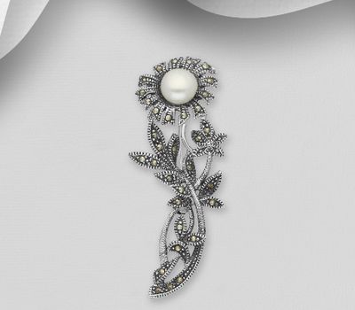 925 Sterling Silver Flower Brooch Decorated With Fresh Water Pearl and Marcasite