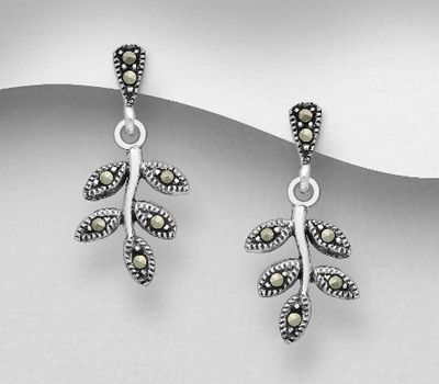 925 Sterling Silver Leaf Push-Back Earrings, Decorated with Marasite