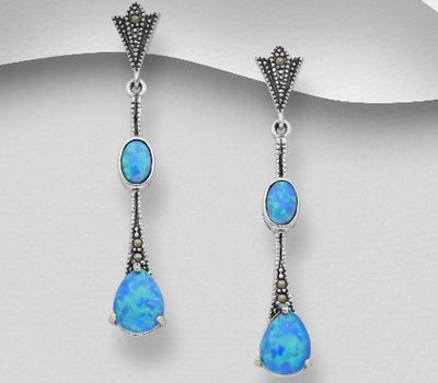 925 Sterling Silver Push-Back Earrings Decorated With Lab-Created Opal & Marcasite