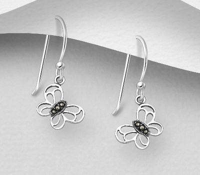 925 Sterling Silver Butterfly Hook Earrings, Decorated with Marcasite