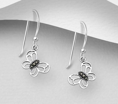 Şəkli böyütmək üçün tiklayın 925 Sterling Silver Butterfly Hook Earrings, Decorated with Marcasite
