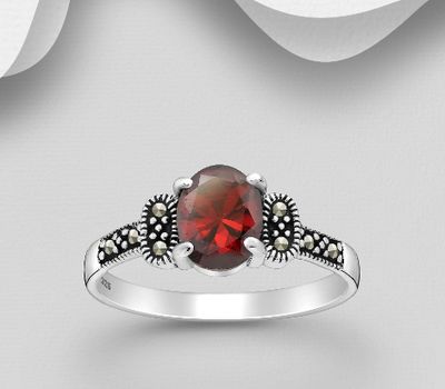 925 Sterling Silver Oxidized Ring, Decorated with CZ Simulated Diamonds and Marcasite
