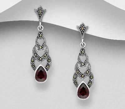925 Sterling Silver Push-Back Earrings Decorated With CZ and Marcasite