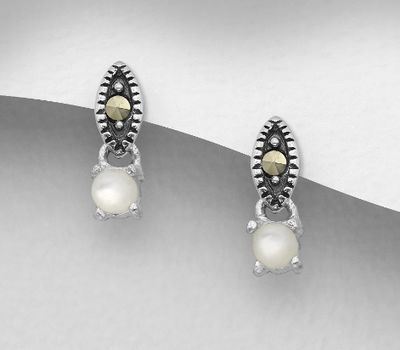 925 Sterling Silver Push-Back Earrings, Decorated with Marcasite and Shell