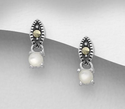 Şəkli böyütmək üçün tiklayın 925 Sterling Silver Push-Back Earrings, Decorated with Marcasite and Shell