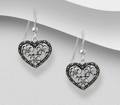 925 Sterling Silver Heart Hook Earrings Decorated With Marcasite