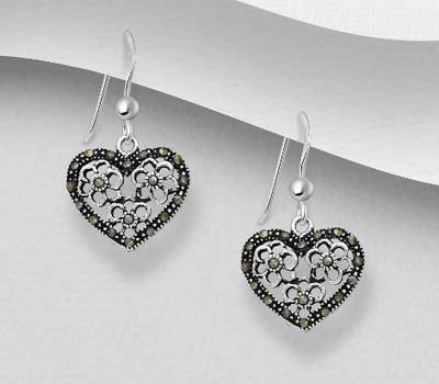 Şəkli böyütmək üçün tiklayın 925 Sterling Silver Heart Hook Earrings Decorated With Marcasite