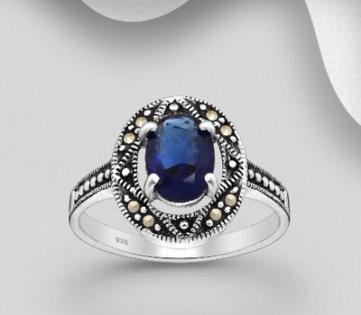 Şəkli böyütmək üçün tiklayın 925 Sterling Silver Oxidized Ring, Decorated with CZ Simulated Diamonds and Marcasite