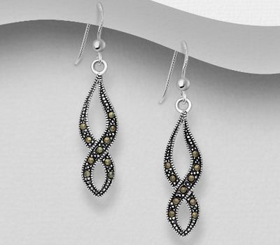 925 Sterling Silver Oxidized Infinity Hook Earrings, Decorated with Marcasite