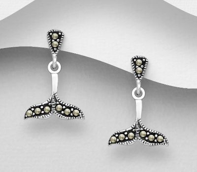 925 Sterling Silver Whale Tail Push-Back Earrings, Decorated with Marcasite
