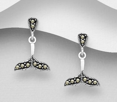 Şəkli böyütmək üçün tiklayın 925 Sterling Silver Whale Tail Push-Back Earrings, Decorated with Marcasite