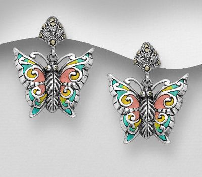 925 Sterling Silver Butterfly Push-Back Earrings, Decorated with Colored Enamel and Marcasite