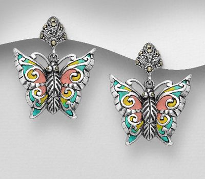 Şəkli böyütmək üçün tiklayın 925 Sterling Silver Butterfly Push-Back Earrings, Decorated with Colored Enamel and Marcasite