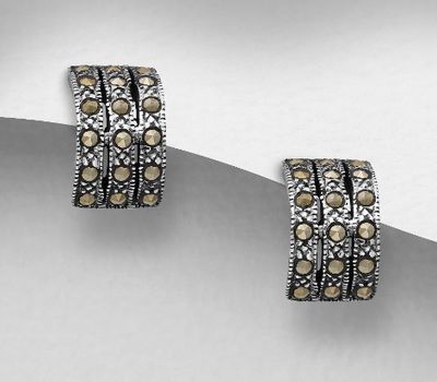 925 Sterling Silver Oxidized Push-Back Earrings, Decorated with Marcasite