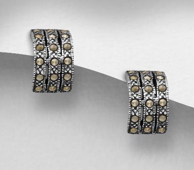 Şəkli böyütmək üçün tiklayın 925 Sterling Silver Oxidized Push-Back Earrings, Decorated with Marcasite