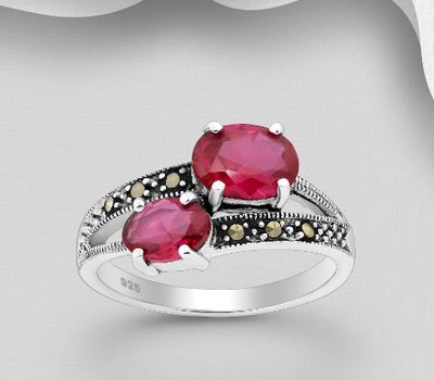 925 Sterling Silver Ring, Decorated with CZ Simulated Diamonds and Marcasite