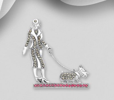 925 Sterling Silver Dog and Girl Brooch Decorated With CZ and Marcasite