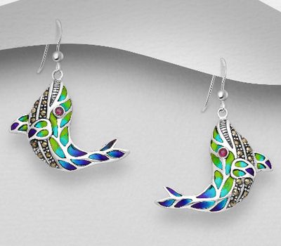 925 Sterling Silver Dolphin Hook Earrings, Decorated with Colored Enamel, Gemstones and Marcasite
