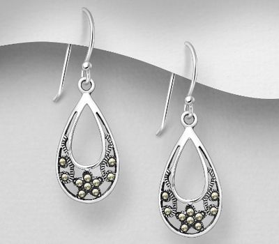 925 Sterling Silver Oxidized Droplet Hook Earrings, Decorated with Marcasite