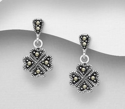 925 Sterling Silver Clover Push-Back Earrings, Decorated with Marcasite