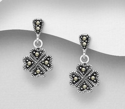 Şəkli böyütmək üçün tiklayın 925 Sterling Silver Clover Push-Back Earrings, Decorated with Marcasite