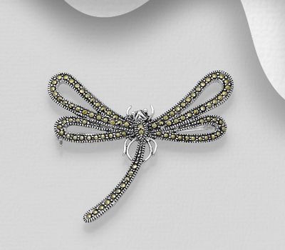 925 Sterling Silver Dragonfly Brooch, Decorated with Marcasite