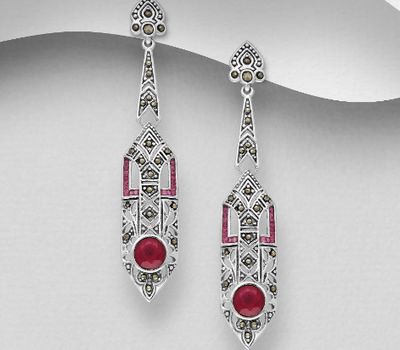 925 Sterling Silver Push-Back Earrings Decorated With CZ and Marcasite