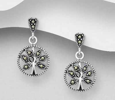 925 Sterling Silver Tree Of Life Push-Back Earrings, Decorated with Marcasite