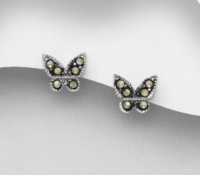 925 Sterling Silver Oxidized Butterfly Push-Back Earrings, Decorated with Marcasite