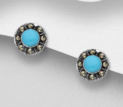925 Sterling Silver Oxidized Circle Push-Back Earrings, Decorated with Marcasite, Reconstructed Stone and Resin