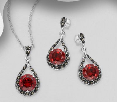 925 Sterling Silver Oxidized Droplet Push-Back Earrings and Pendant Jewelry Set, Decorated with CZ Simulated Diamonds and Marcasite