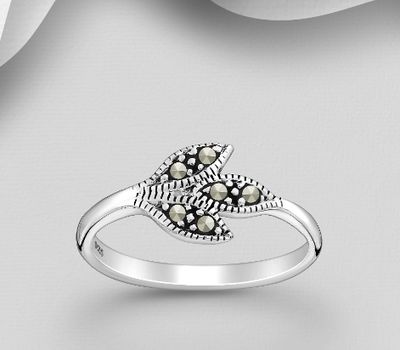 925 Sterling Silver Leaf Ring Decorated With Marcasite
