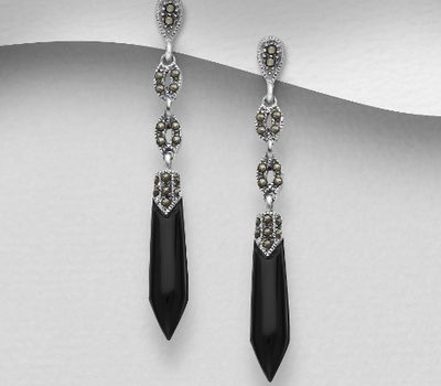 925 Sterling Silver Push-Back Earrings Decorated With Marcasite & Semi-GemStones