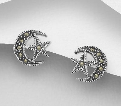 925 Sterling Silver Moon and Star Push-Back Earrings Decorated With Marcasite
