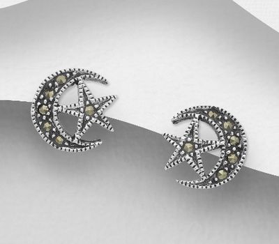Şəkli böyütmək üçün tiklayın 925 Sterling Silver Moon and Star Push-Back Earrings Decorated With Marcasite